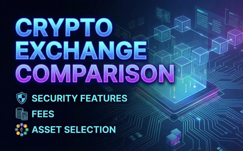Cryptocurrency exchange comparison factors including security features, fees, and asset selection