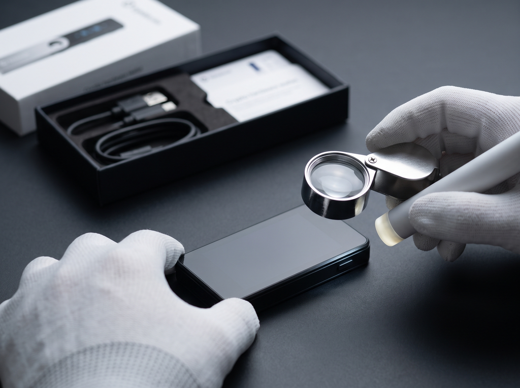 A detailed physical inspection of a newly unboxed hardware wallet showing close up examination of the casing seams and USB port under focused light