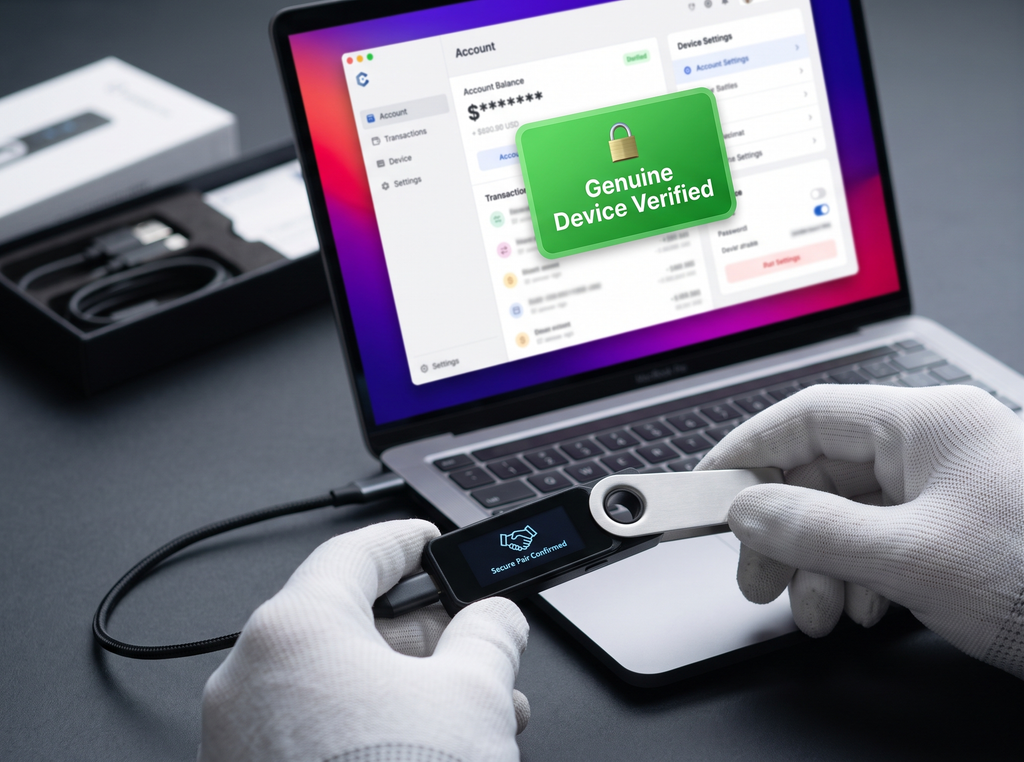 A hardware wallet connected via USB to a laptop displaying an official desktop app screen confirming a successful genuine device cryptographic attestation check