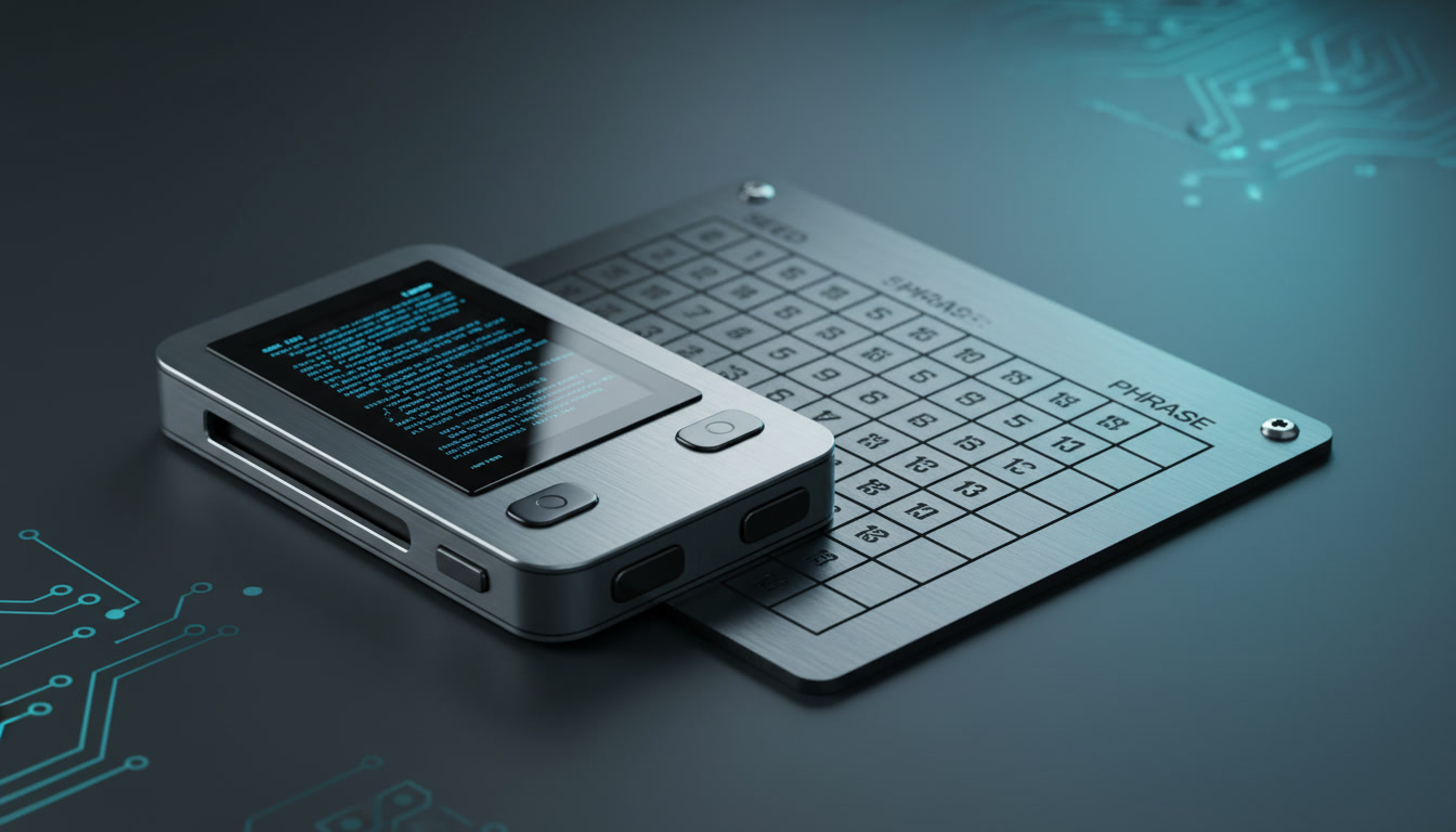 An elegant technical depiction of a hardware cold storage wallet and a metal backup plate on a dark workspace
