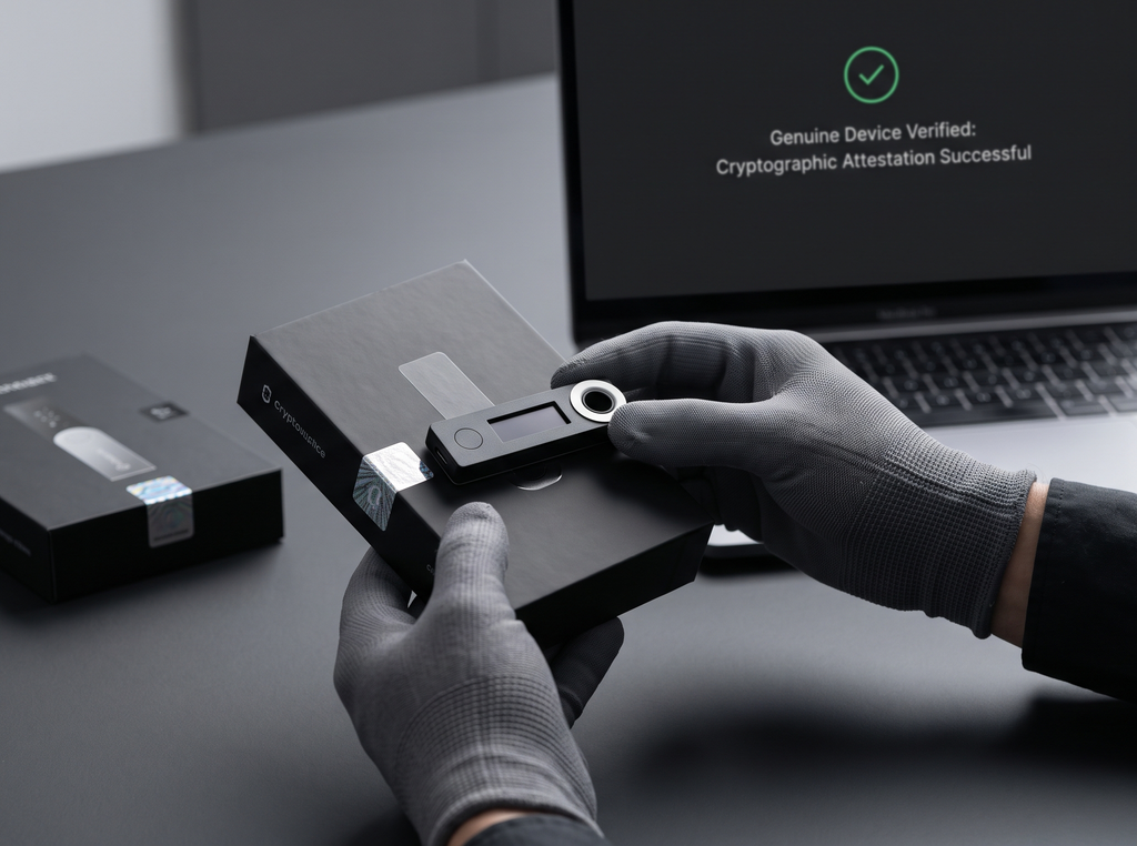 Unboxing verification of a hardware wallet showing intact tamper evident packaging and official companion app attestation check on screen