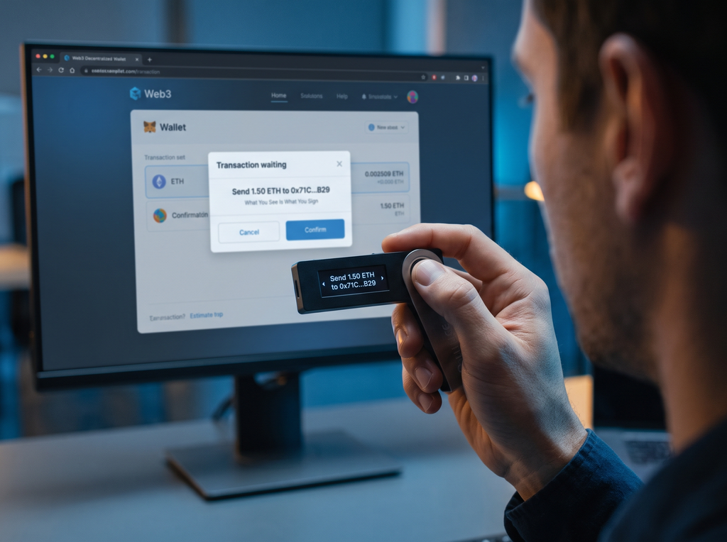 Verifying cryptocurrency transaction details and destination address character by character on a hardware wallet screen before signing