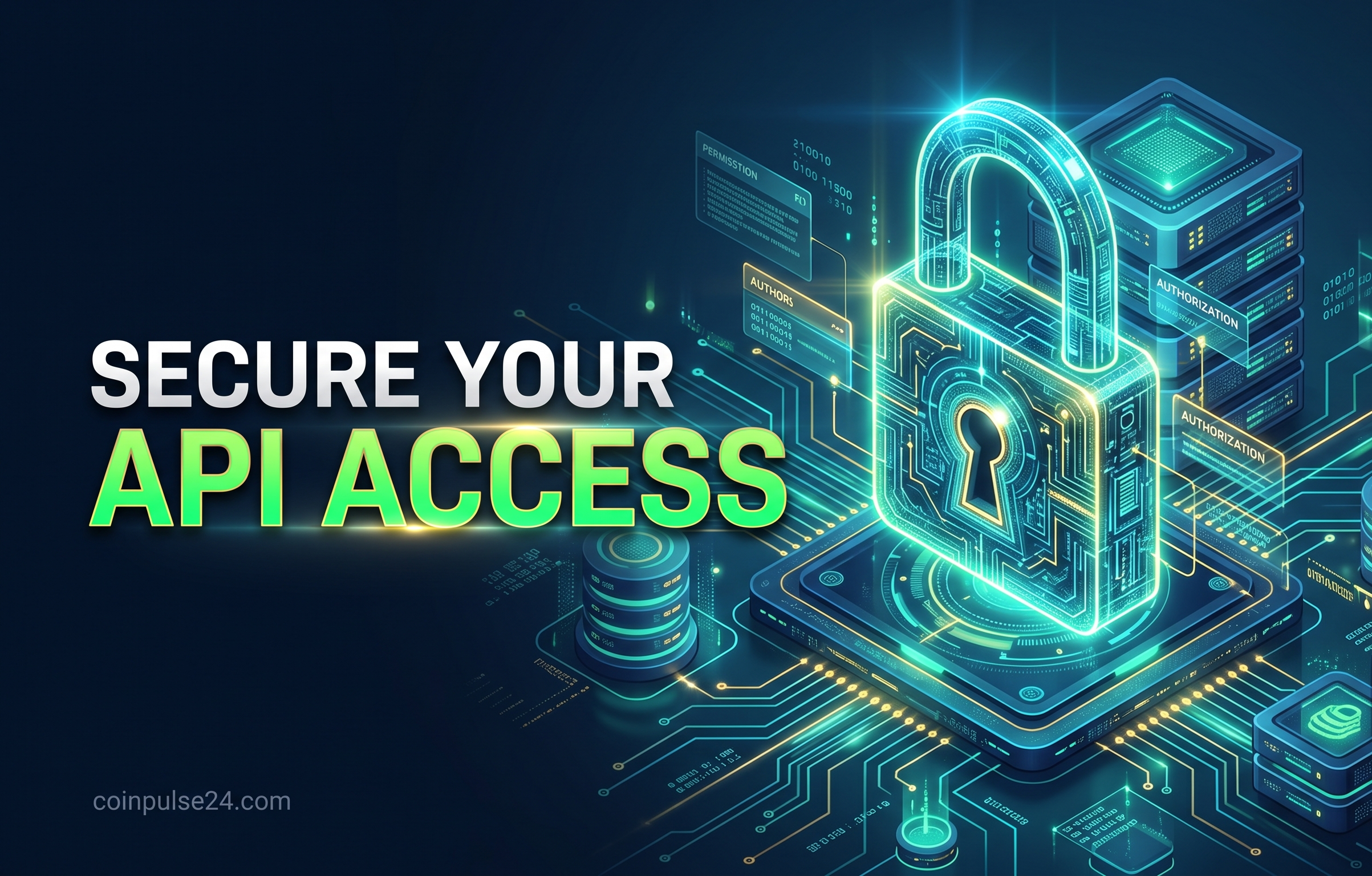 Conceptual illustration of secure cryptocurrency API key permissions with a neon lock icon over digital data streams